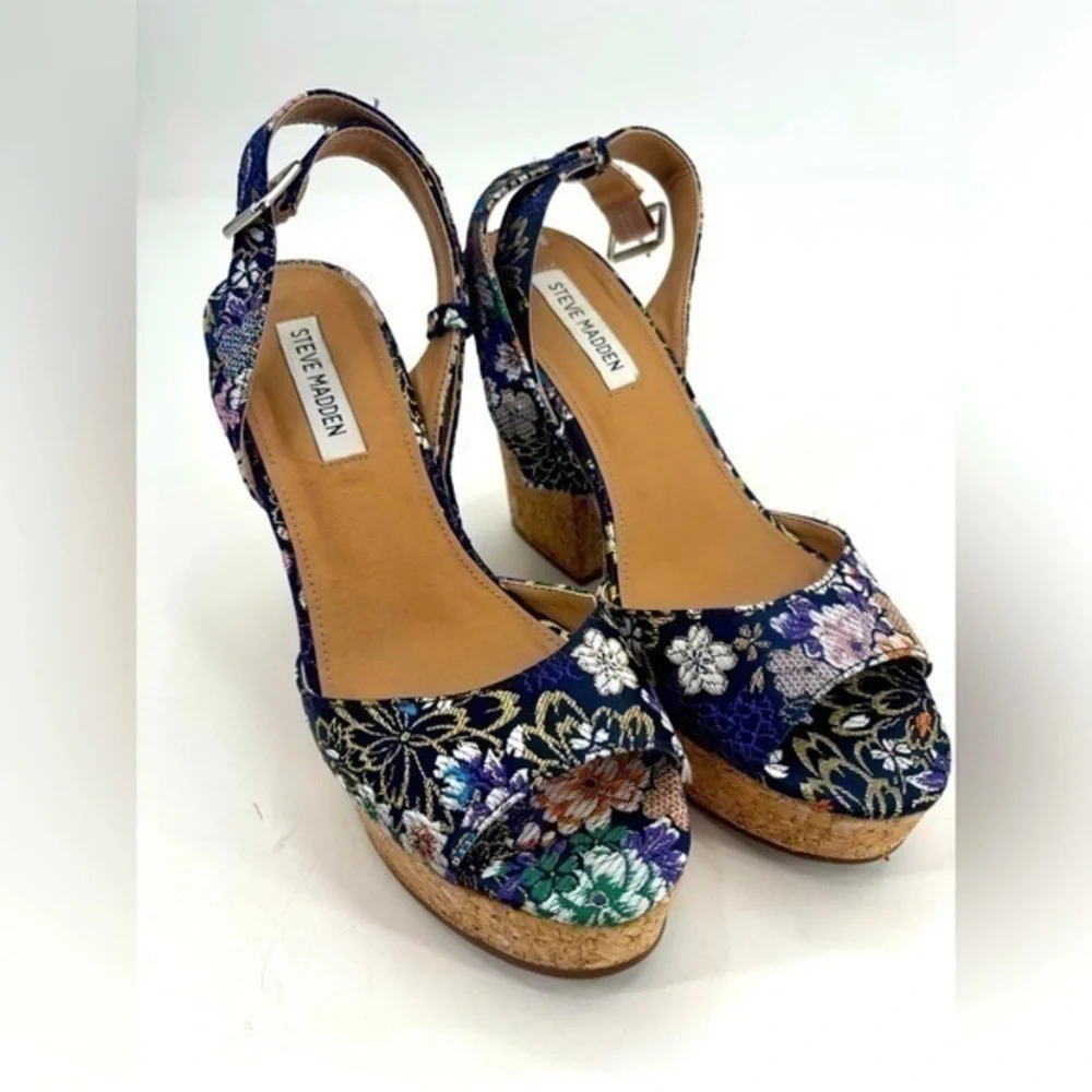 Steve Madden embroidered floral satin cork ankle strap platform shoes 9 no box